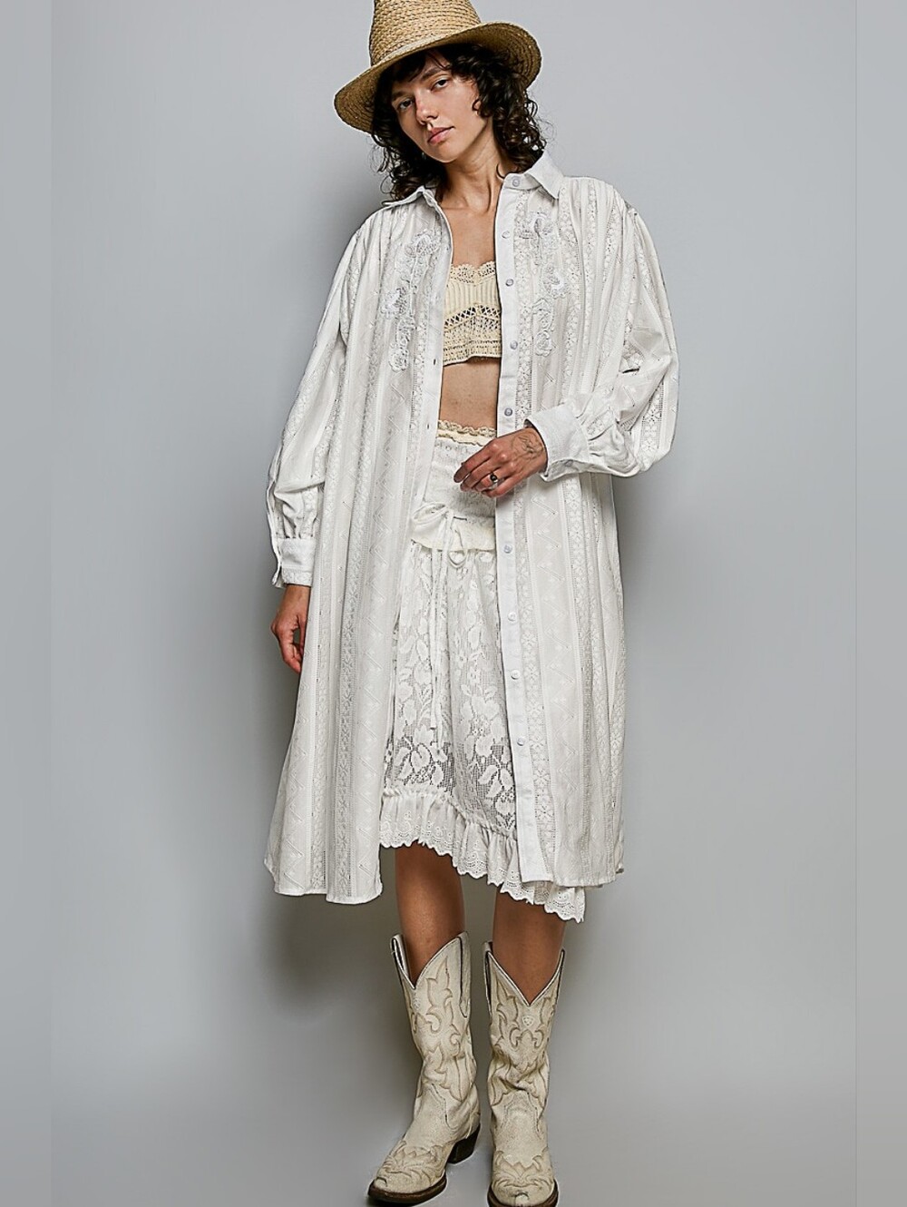 POL Ivory Embroidered Midi Dress with Puff Sleeves - Picture 5 of 6